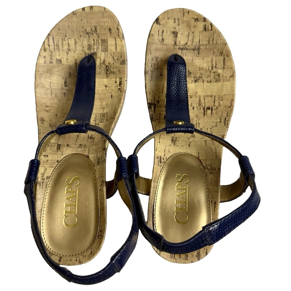 Chaps Womens Navy Blue Cork Wedge Thong Sandals Unmarked Size Approx 6.5-7